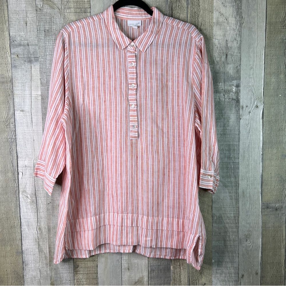 J. Jill Linen XL Striped 1/2 Button Pullover W/Collar & 3/4 Sleeve Tunic Top